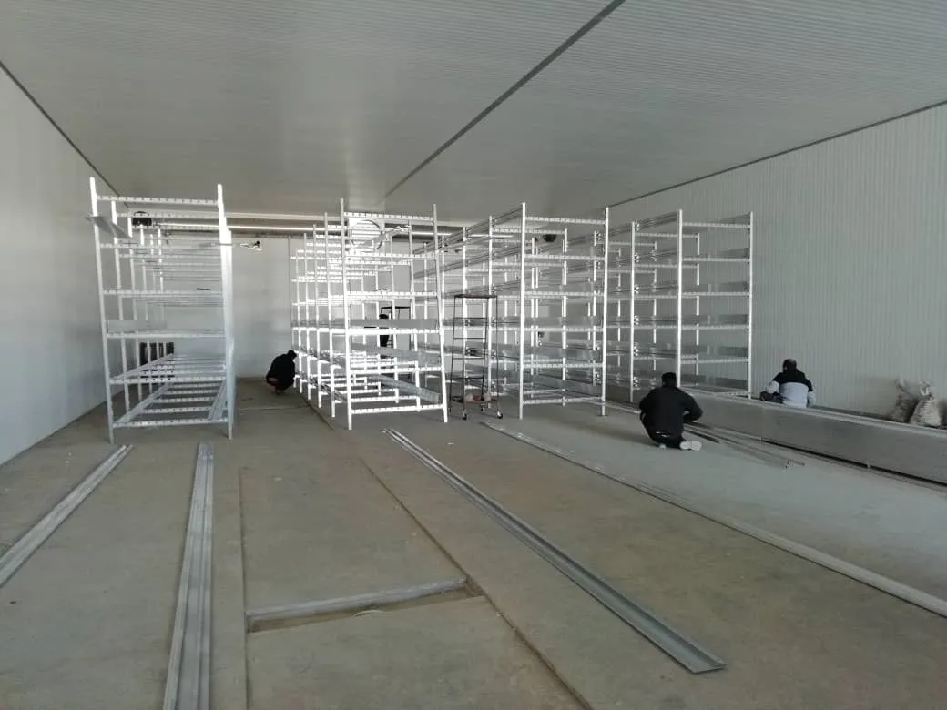 Parsspawn growing racks — wide view across the hall